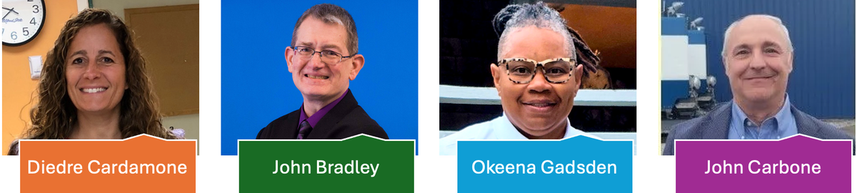Four head and shoulders photos of the candidates arranged horizontally and labeled with their names: Diedre Cardamone, John Bradley, Okeena Gadsden, and John Carbone