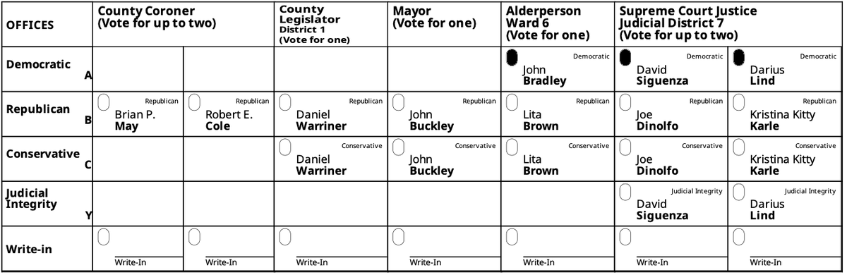 A ballot showing offices in the top row, parties in the far left column, and candidate names in the other cells.