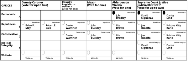 A ballot showing offices in the top row, parties in the far left column, and candidate names in the other cells.