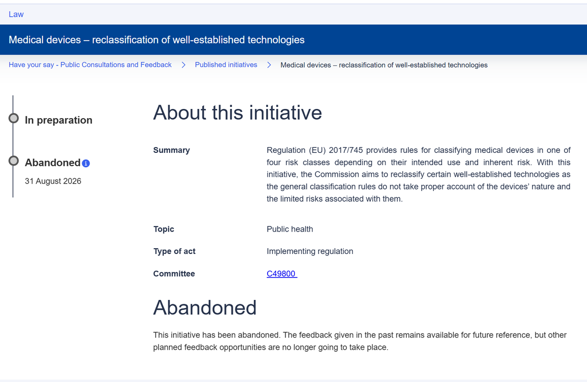 Medical devices – reclassification of well-established technologies Public health	- Abandoned