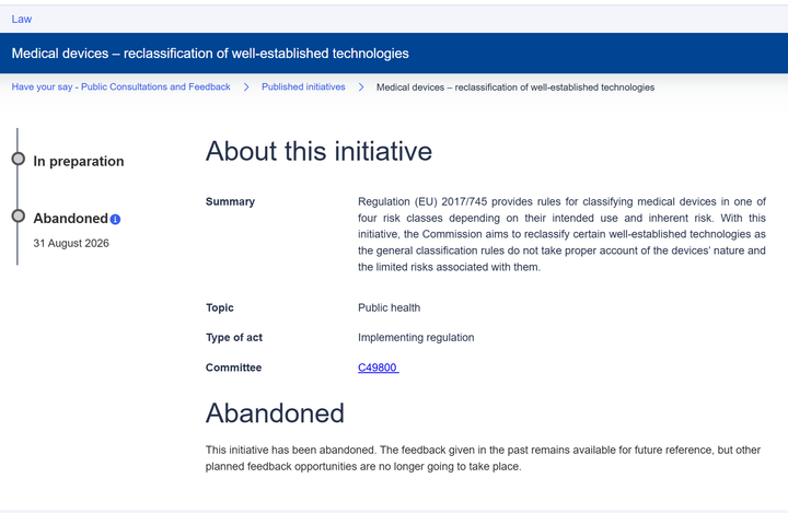 Medical devices – reclassification of well-established technologies Public health	- Abandoned