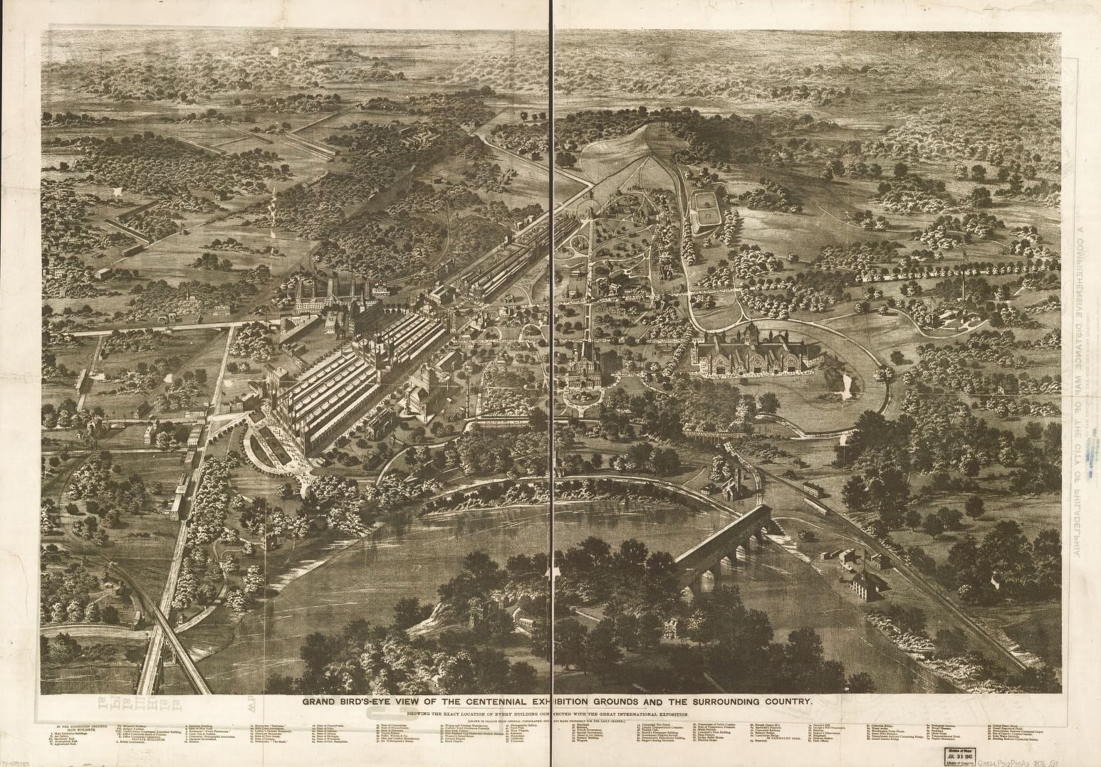 Drawing of a bird's eye view of the Centennial Exposition in 1876, Fairmount Park Philadelphia