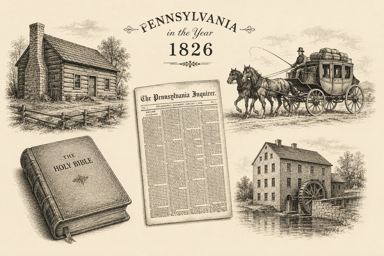 wood cut images of a log cabin, a Bible, a newspaper, a carriage with horses, and a flour mill 