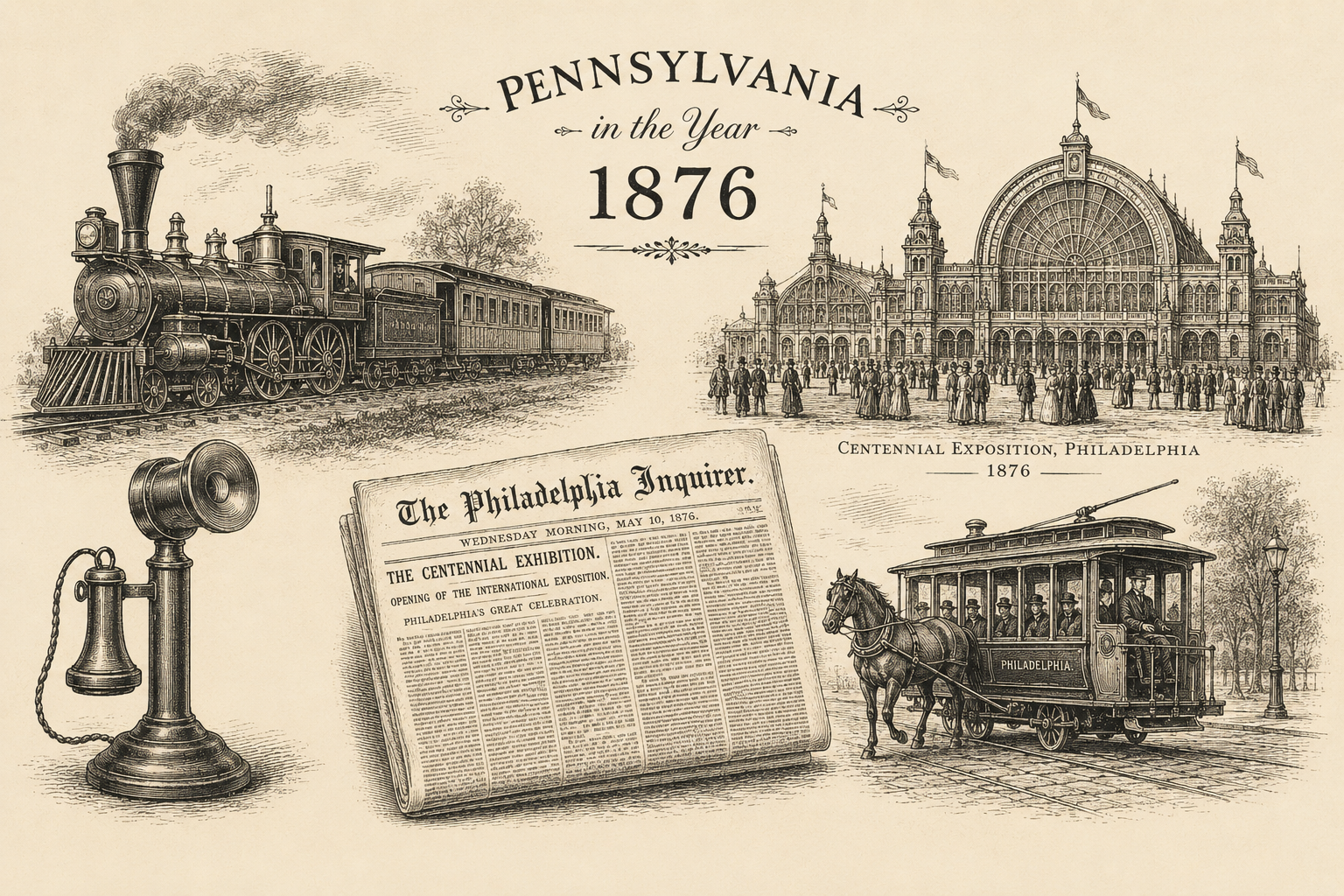 Wood cut image showing a steam locomotive, a telephone, a newspaper, centennial hall, and a horse drawn trolley from 187