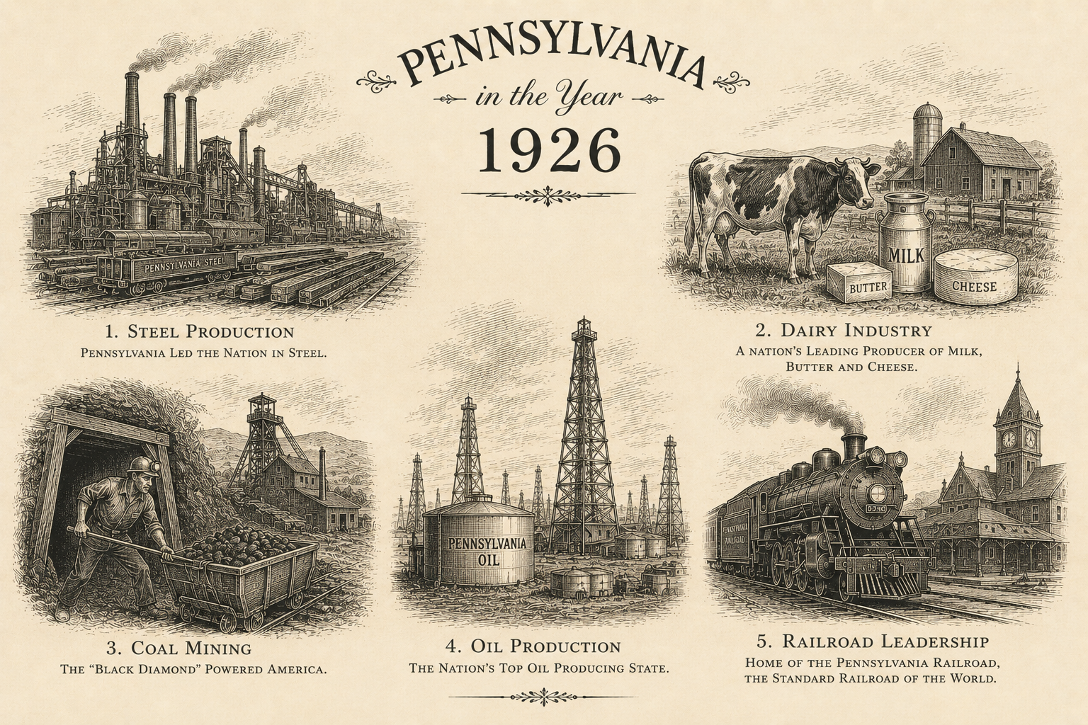 Wood cut image showing a steel factory, dairy farm, coal mine, oil drilling field, and steam train from 192