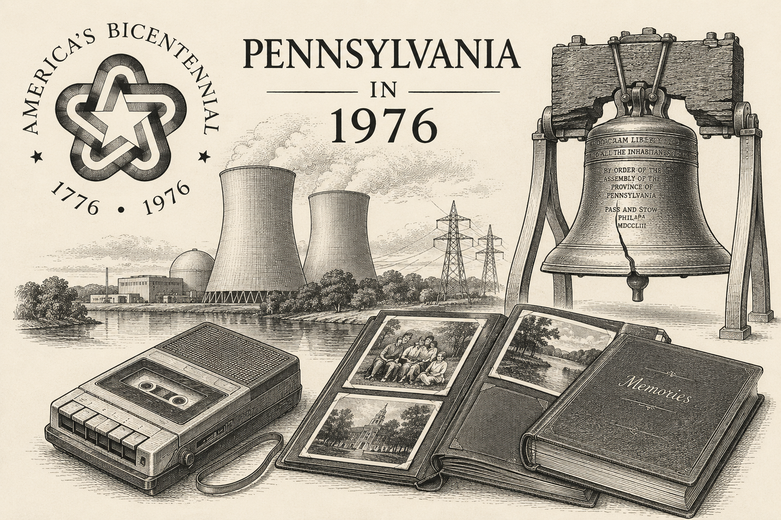 Wood cut image of the Bicentennial logo, a nuclear power plant, the Liberty Bell, and an cassette tape recorder and photo albums.