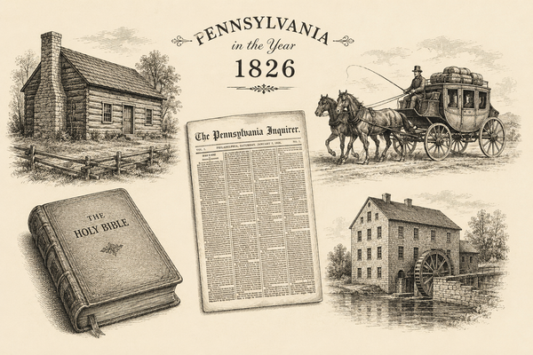 wood cut images of a log cabin, a Bible, a newspaper, a carriage with horses, and a flour mill 