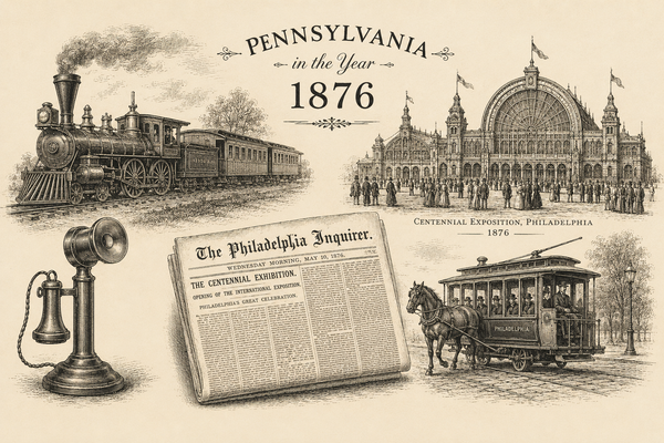 Wood cut image showing a steam locomotive, a telephone, a newspaper, centennial hall, and a horse drawn trolley from 187