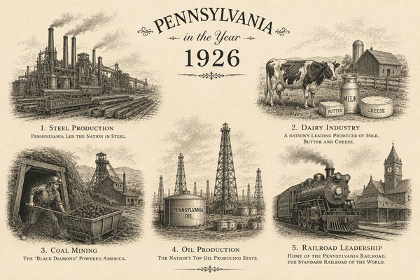 Wood cut image showing a steel factory, dairy farm, coal mine, oil drilling field, and steam train from 192