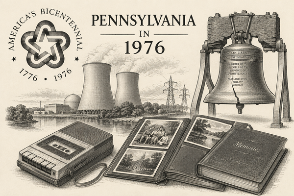 Wood cut image of the Bicentennial logo, a nuclear power plant, the Liberty Bell, and an cassette tape recorder and photo albums.