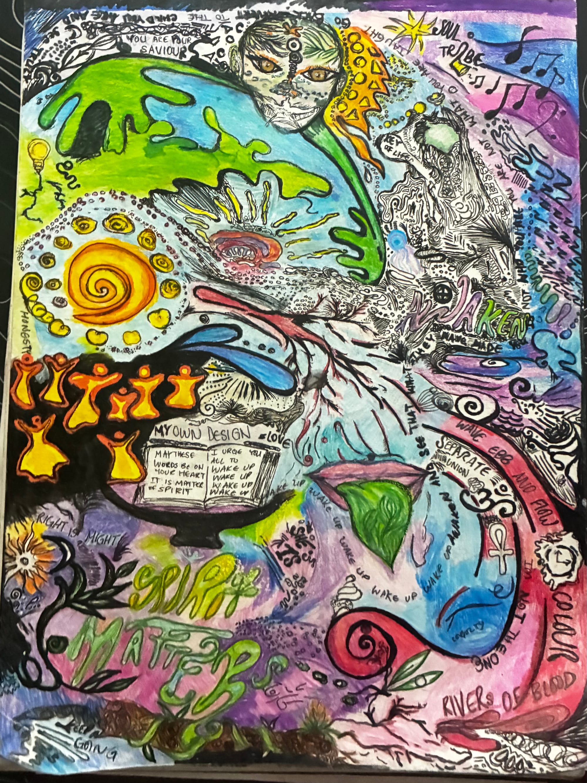 This is my peace piece, “Honest in my unknowing, Spirit Matters.” It reflects my own spiritual journey with finding and creating a sense of self, and by extension, discovering the world around me. At the very top of the piece is an alien creature representing Terra Mater (the Greek personification of earth) overlooking land and water, but looking into you as well. On her face is a bird, a dove spread out; I thought of the power of speech and flight. A mouth with a tongue made of green leaves showing my own mythologized version of my ancestors and their connection to the natural world around them through eating light. This mixed media piece is a traveling journey across one's consciousness with a clear message and reminder of transcendent love. In the center, the heart of the piece, is an open book with the plain message to wake up to the true nature of our souls. I stood alone in a sea of beings and felt the world turn beneath me. I am a fugitive in this universe trapped in a cycle of life and death with a legion of beings, I have taken my pilgrimage and I am still making meanings and seeking signs.