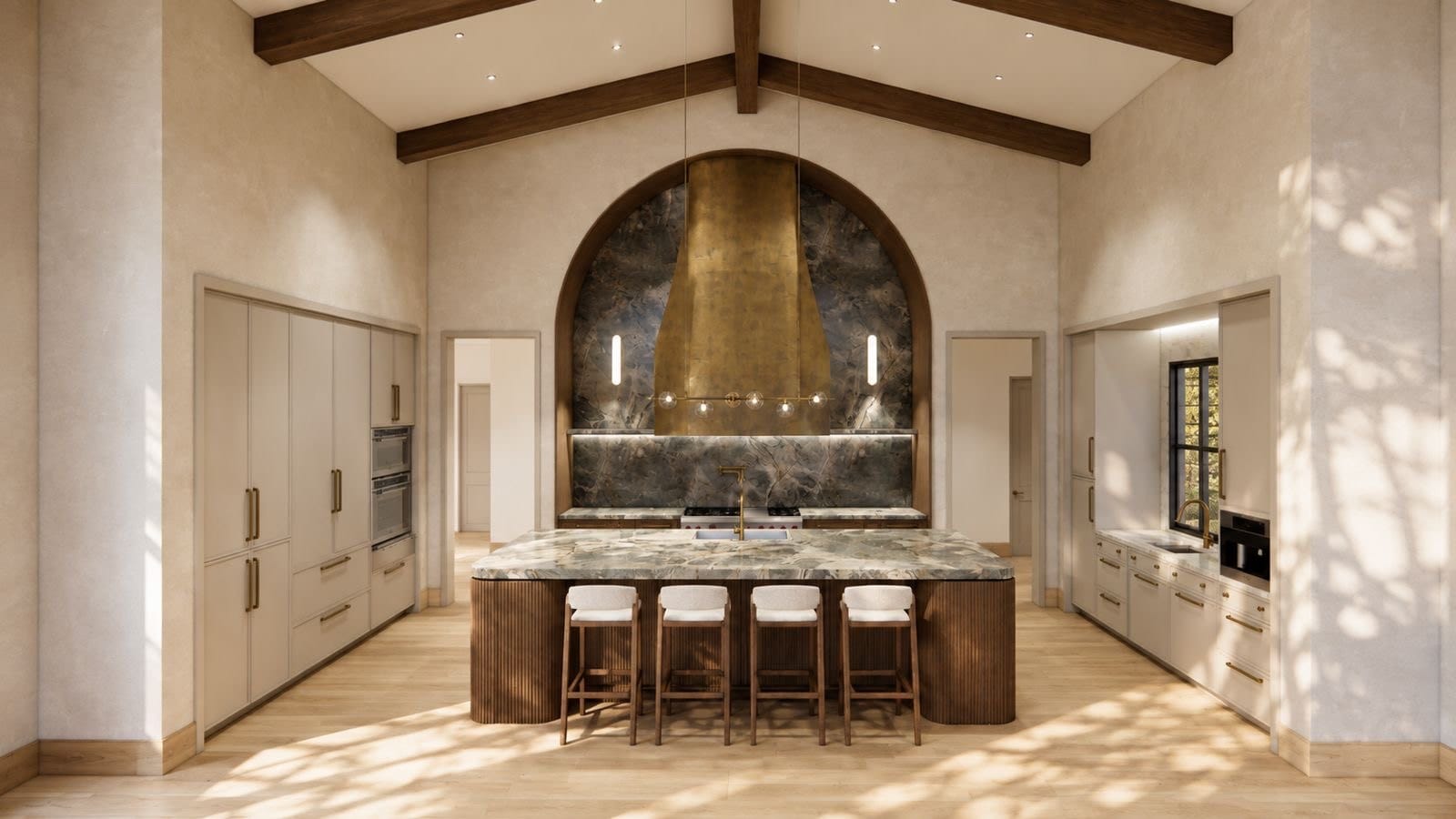 Rendering of a kitchen with a brass range hood and stone backsplash