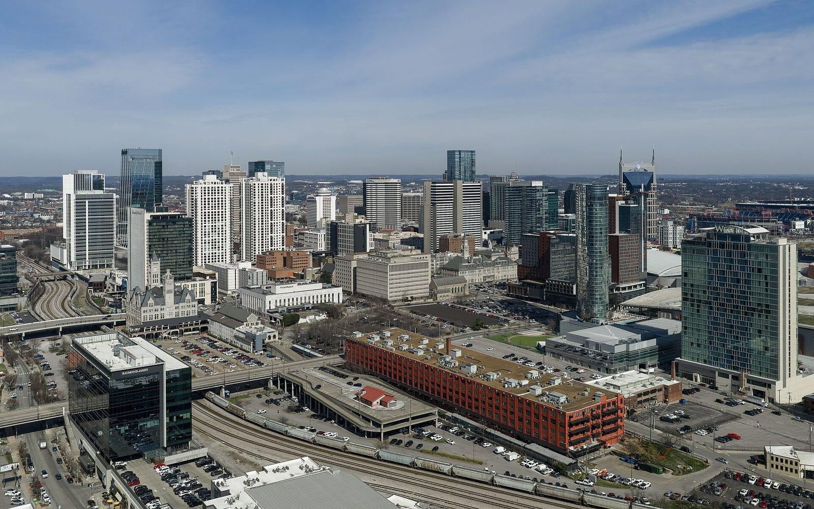 Aerial view of downtown Nashville towers, rail yards and the Gulch