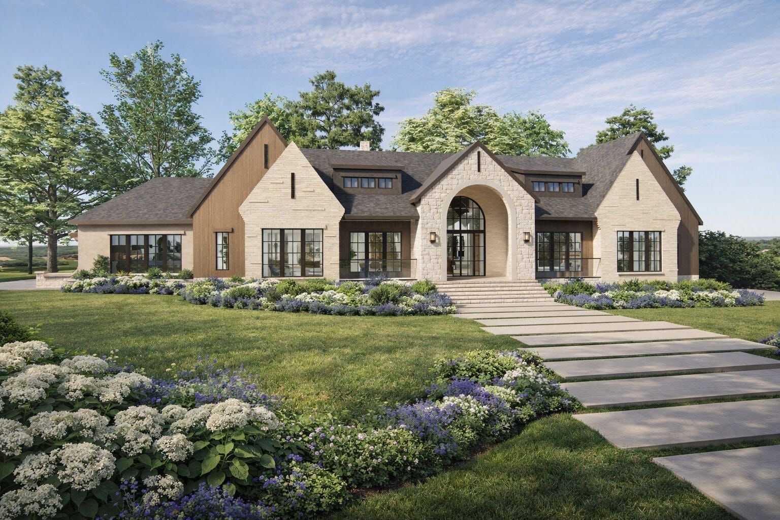 Rendering of a stone and wood house with an arched entry, a wide stone walkway and flowering beds