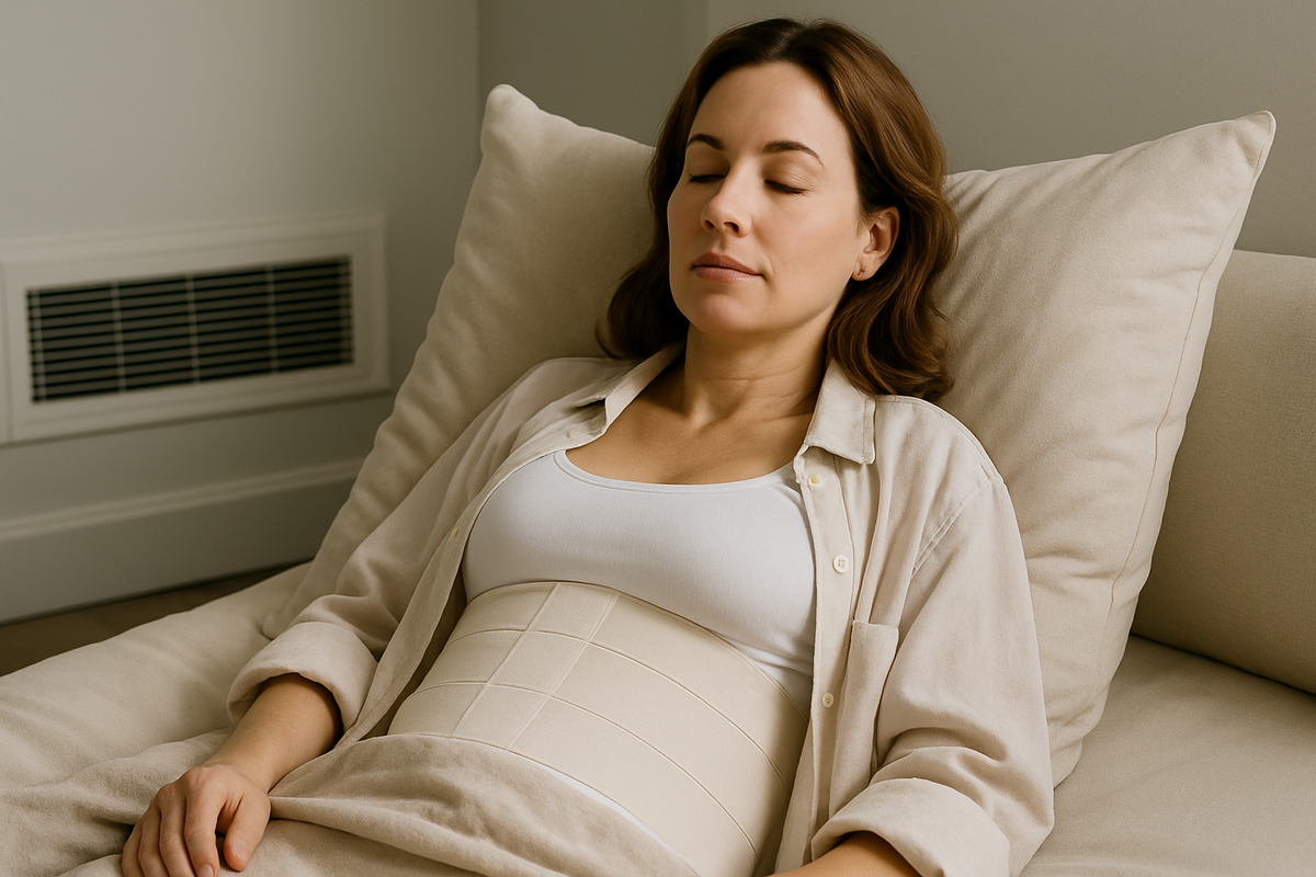 Woman resting on beige couch wearing a compression binder post tummy tuck, in soft natural light. 