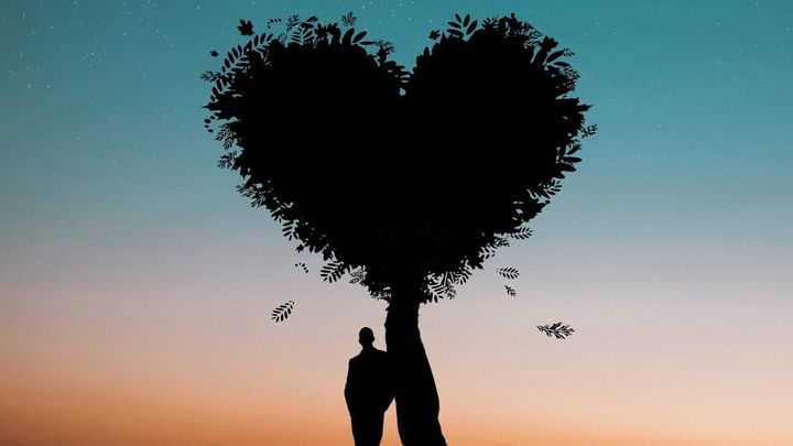 Man standing under a heart shaped tree.