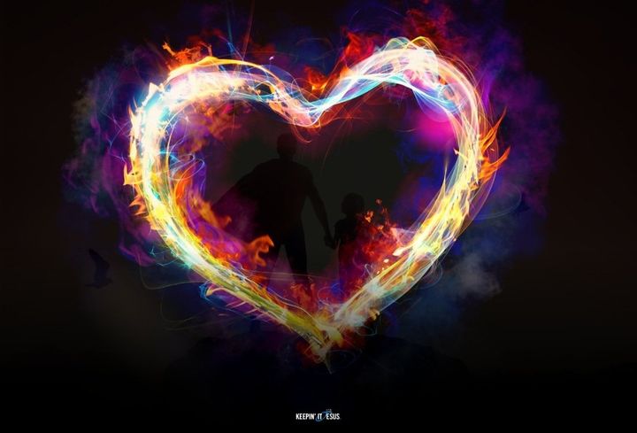 Heart of fire with a father and child holding hands in the middle