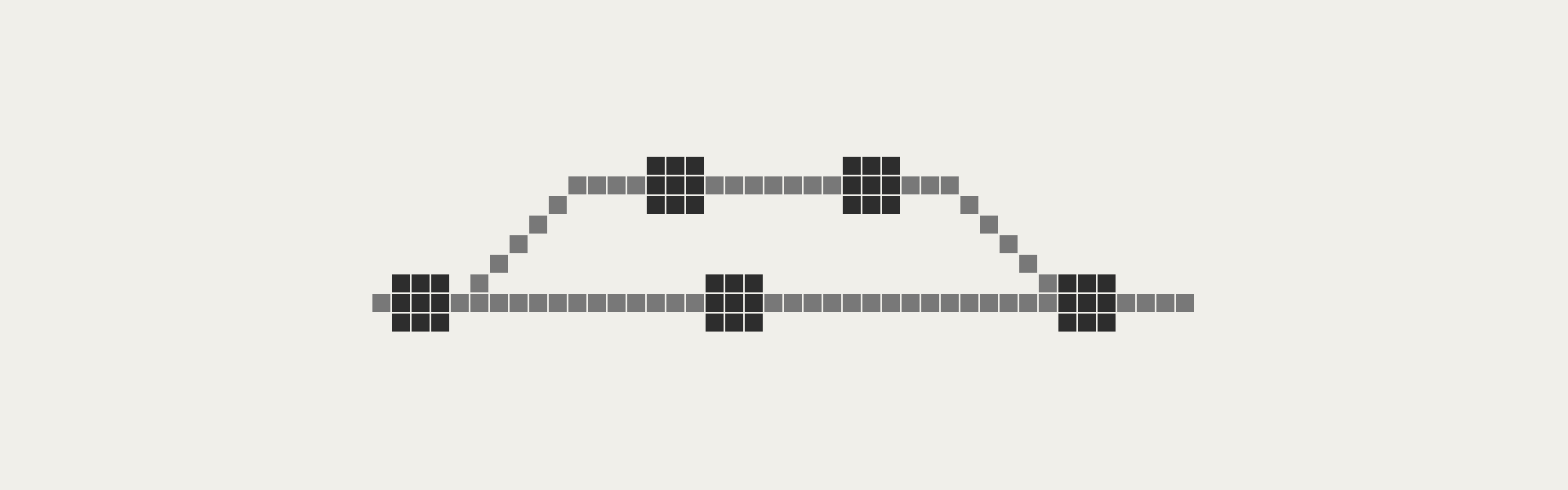 Pixel commit graph: a trunk, one branch, and a merge back