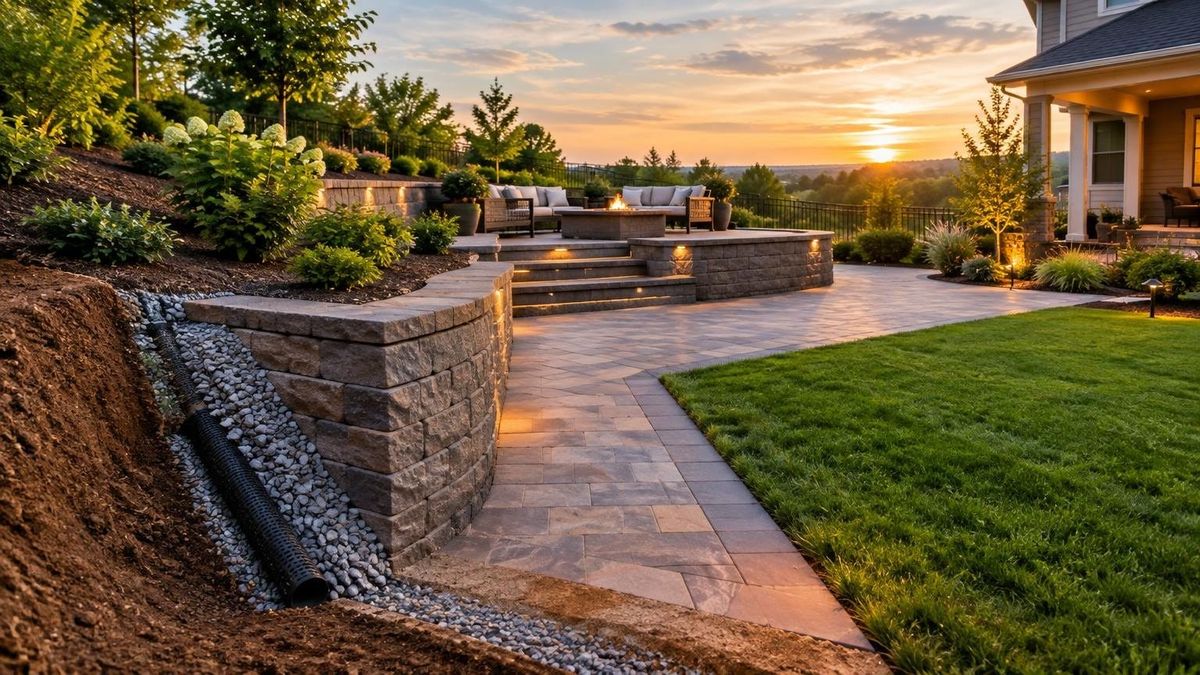 How do drainage, retaining walls, pavers, sod, and lighting fit together in a backyard remodel? — River’s Landscape LLC