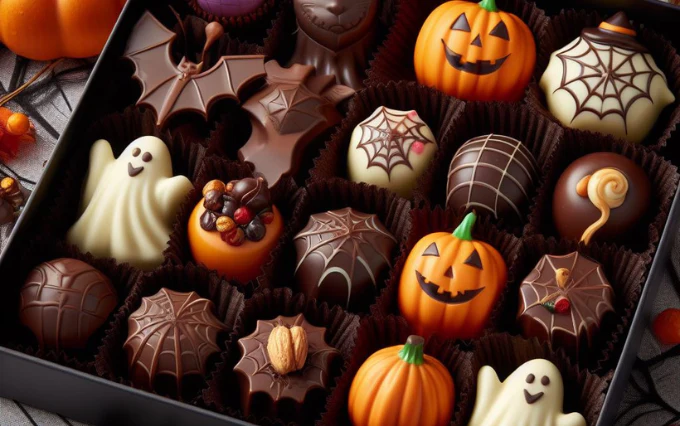 Chinese words for Halloween Candy: an image of chocolates, 巧克力 in Chinese. 