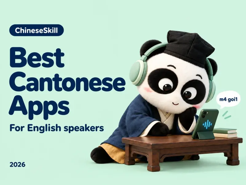 ChineseSkill scholar panda wearing headphones beside a phone and the words Best Cantonese Apps, For English speakers, 2026, on a mint-green background.