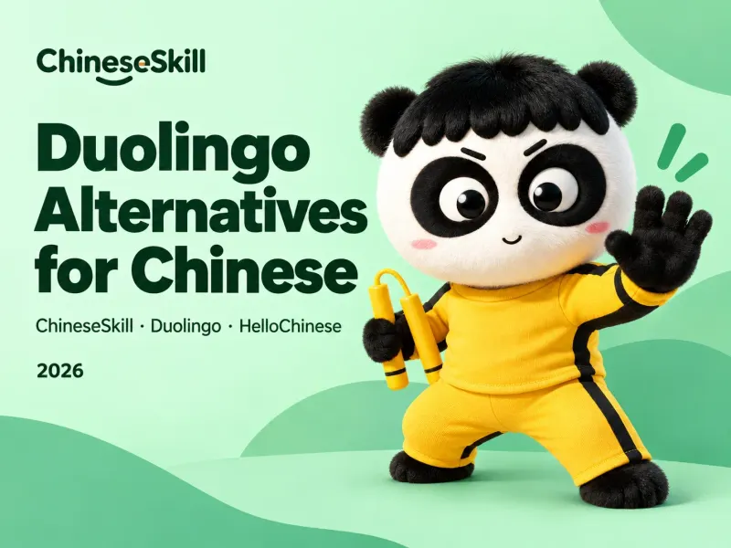 ChineseSkill kung-fu panda in a yellow tracksuit beside the title Duolingo Alternatives for Chinese, with ChineseSkill, Duolingo and HelloChinese listed on a green background.