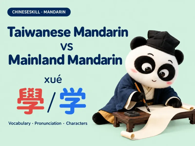 ChineseSkill panda scholar beside Taiwanese Mandarin vs Mainland Mandarin and the Traditional and Simplified characters 學 and 学, both pronounced xué.