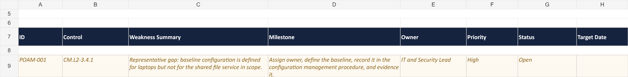 POA&M workbook screenshot