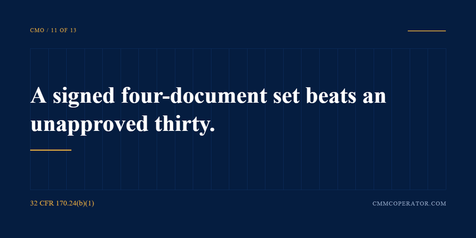 A signed four-document set beats an unapproved thirty. 32 CFR 170.24