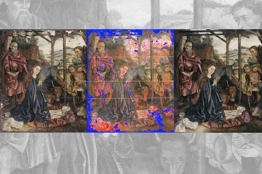 AI digital art restoration sequence: damaged painting, color-coded damage map, and final result with reversible polymer mask applied