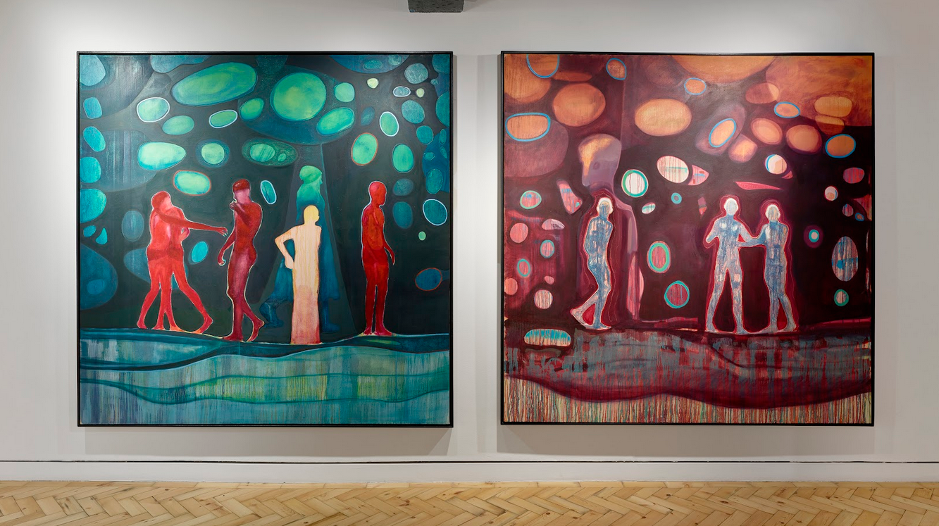 Two large square canvases from Tom Speedy’s (dis)place series, 195 × 195 cm, installed side by side.