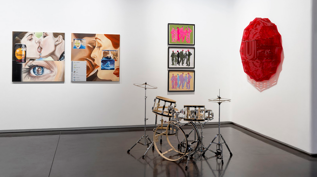 Works by Bex Massey, Richard Wilson, Simon Periton, and Mark Titchner installed at Unit Gallery.