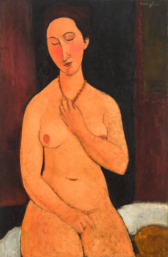 Amedeo Modigliani’s Nu assis au collier, representing high-value fine art at Sotheby’s and the continued central role of major artworks in the auction-house model.