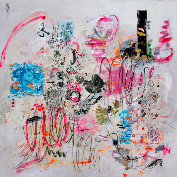 Canal Cheong Jagerroos, Between Now and Now, 2026, mixed media on canvas, showing layered abstract colour fields with calligraphic traces and fragmented surface movement.
