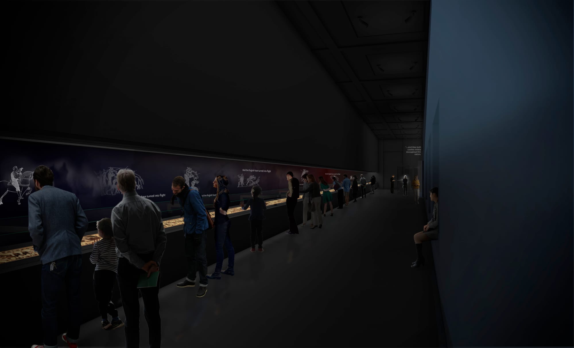 Early concept visualisation of visitors moving through a darkened gallery beside the Bayeux Tapestry, displayed in a long case with digital interpretation on the wall.
