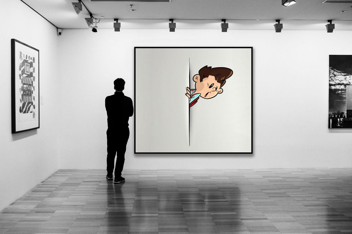 Person standing alone in front of a large artwork in a gallery, deep in thought.