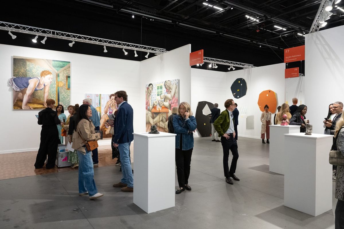 Abstract painting at an international art fair, symbolizing market uncertainty under Trump tariffs.