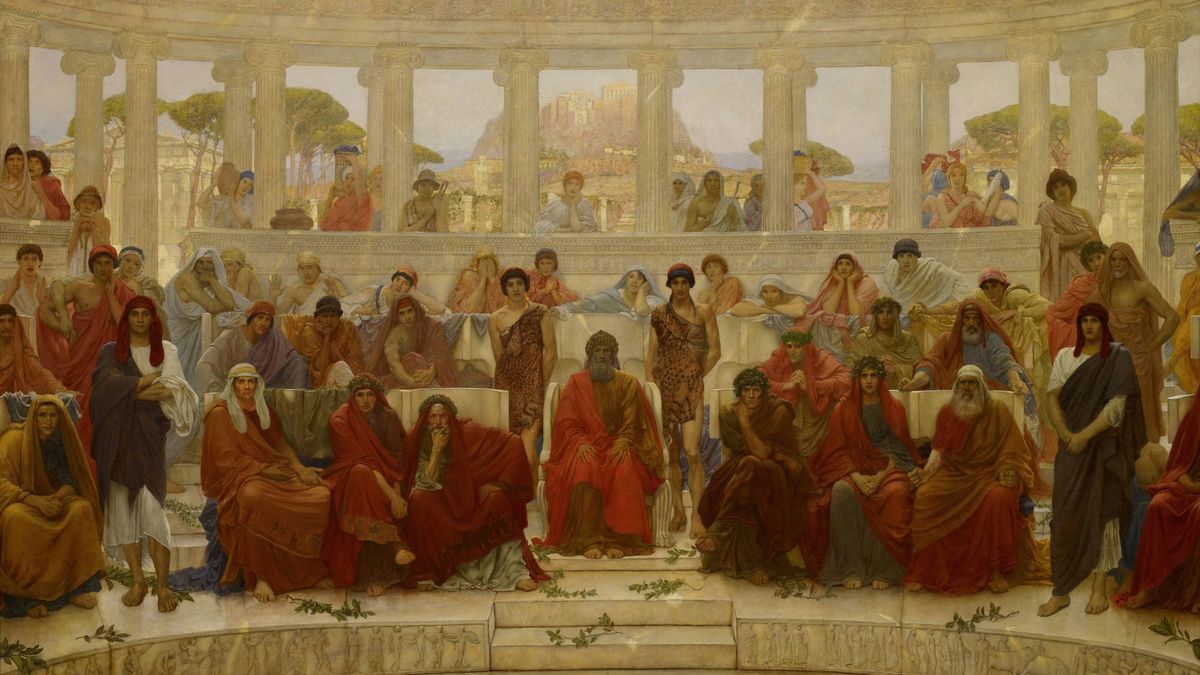 Historical image showing Plato teaching students in an olive grove at the Academy.