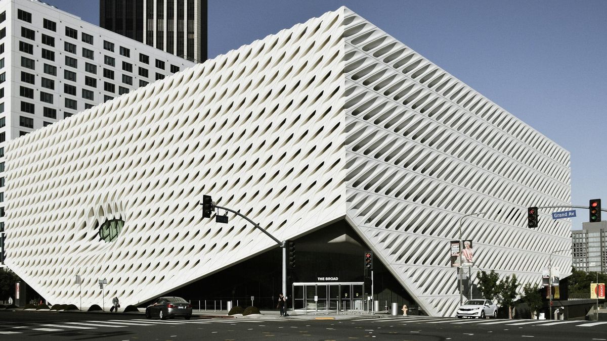 Exterior of The Broad museum in Los Angeles, lit against the city, reflecting the new commercial pressures facing US museums.