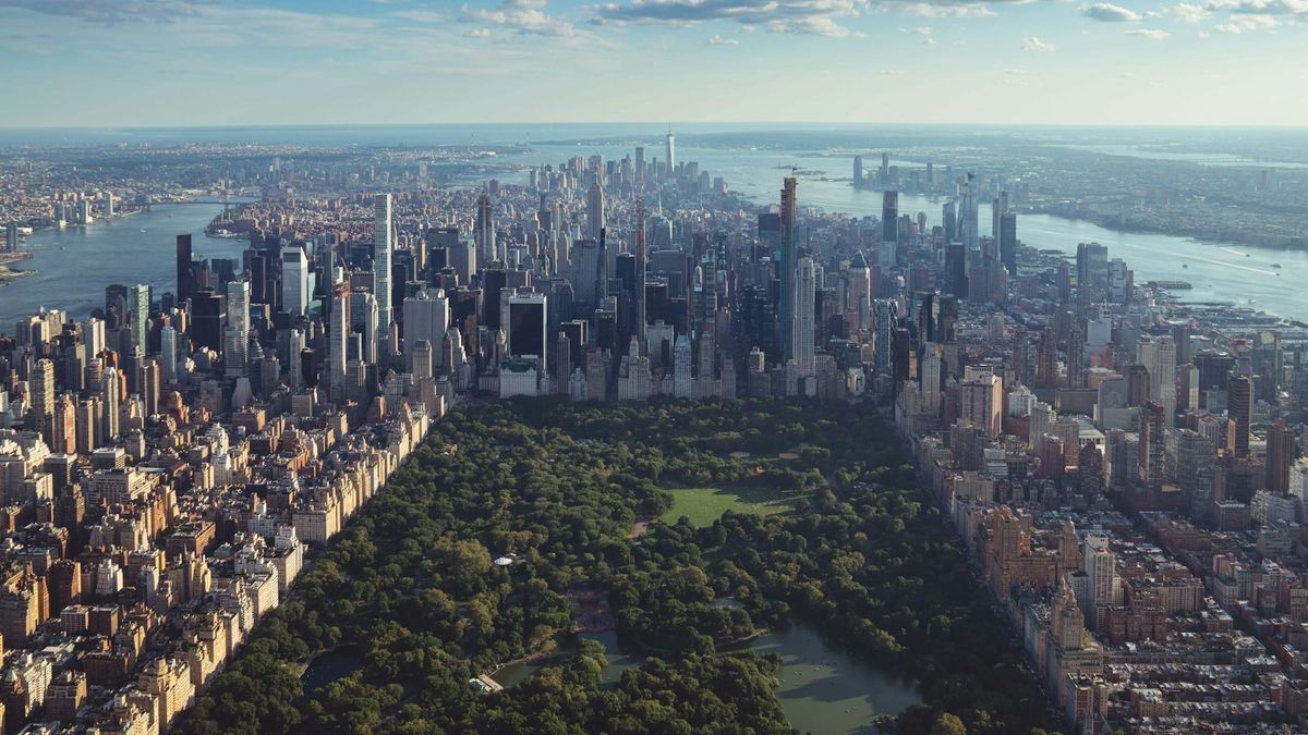 Aerial view of Manhattan skyline at dawn, as auction week approaches.