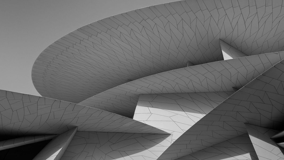 Layered translucent architectural forms suggesting overlapping systems, mediation, and institutional structure.