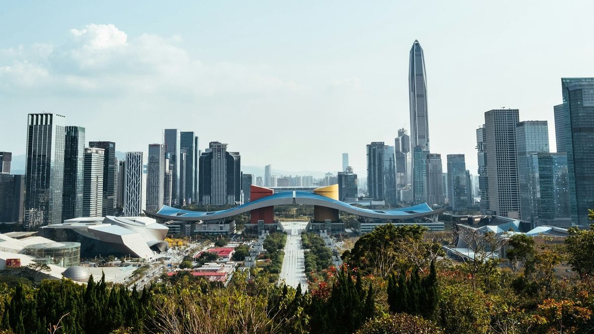 Shenzhen skyline with commercial and technology towers, representing the city’s rise as a tech hub now expanding into museum and cultural infrastructure.