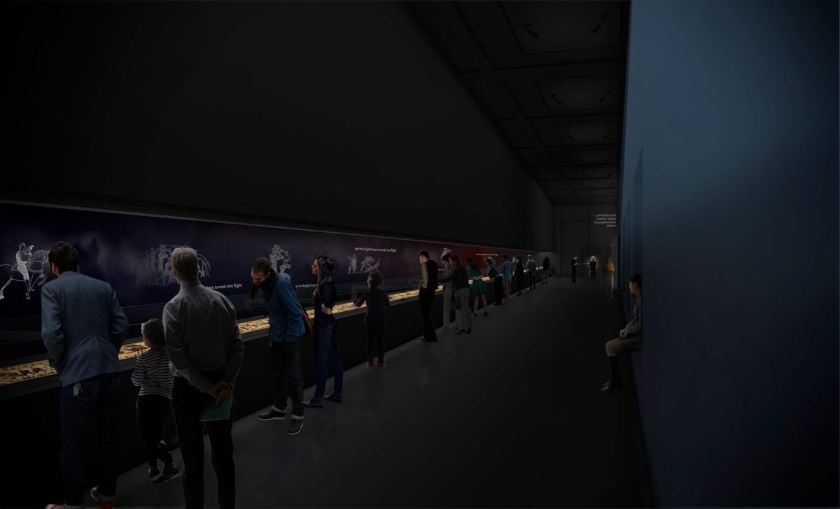 Visitors viewing the Bayeux Tapestry at the British Museum in London, representing museum crowds, visitor flow and the pressure around major cultural loans.