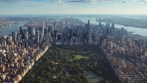 Aerial view of Manhattan skyline at dawn, as auction week approaches.