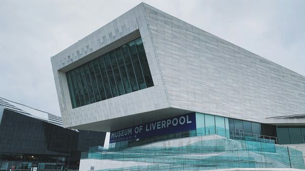 Modern exterior of the Museum of Liverpool by the River Mersey.