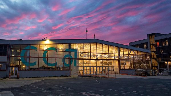 Exterior view of California College of the Arts’ Hooper Street campus in San Francisco, showing the school’s open, urban-facing architecture.