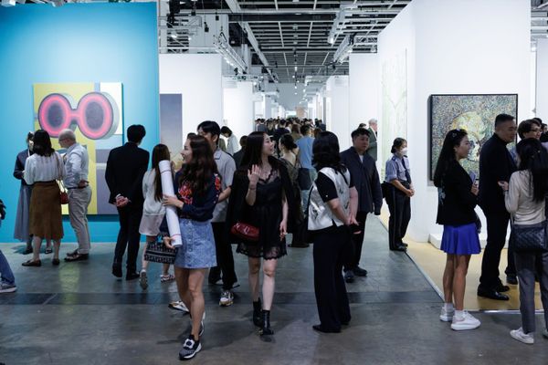Visitors moving through Art Basel Hong Kong 2026 at the Hong Kong Convention and Exhibition Centre.