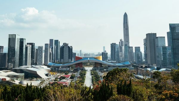 Shenzhen skyline with commercial and technology towers, representing the city’s rise as a tech hub now expanding into museum and cultural infrastructure.