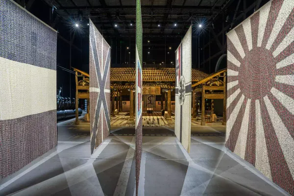 Installation view of Ai Weiwei’s Button Up! at Aviva Studios, Manchester, with monumental works staged inside the Warehouse.
