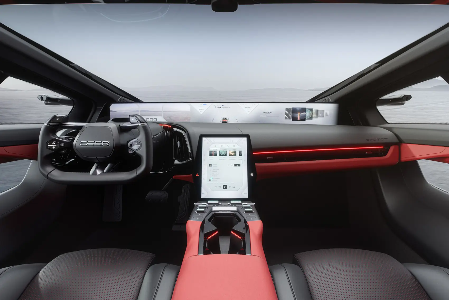 EXOBOT SUV interior with the curved display. The EXOBOT SUV cabin and its 48-inch display, a statement that Saudi engineering can compete on technology.